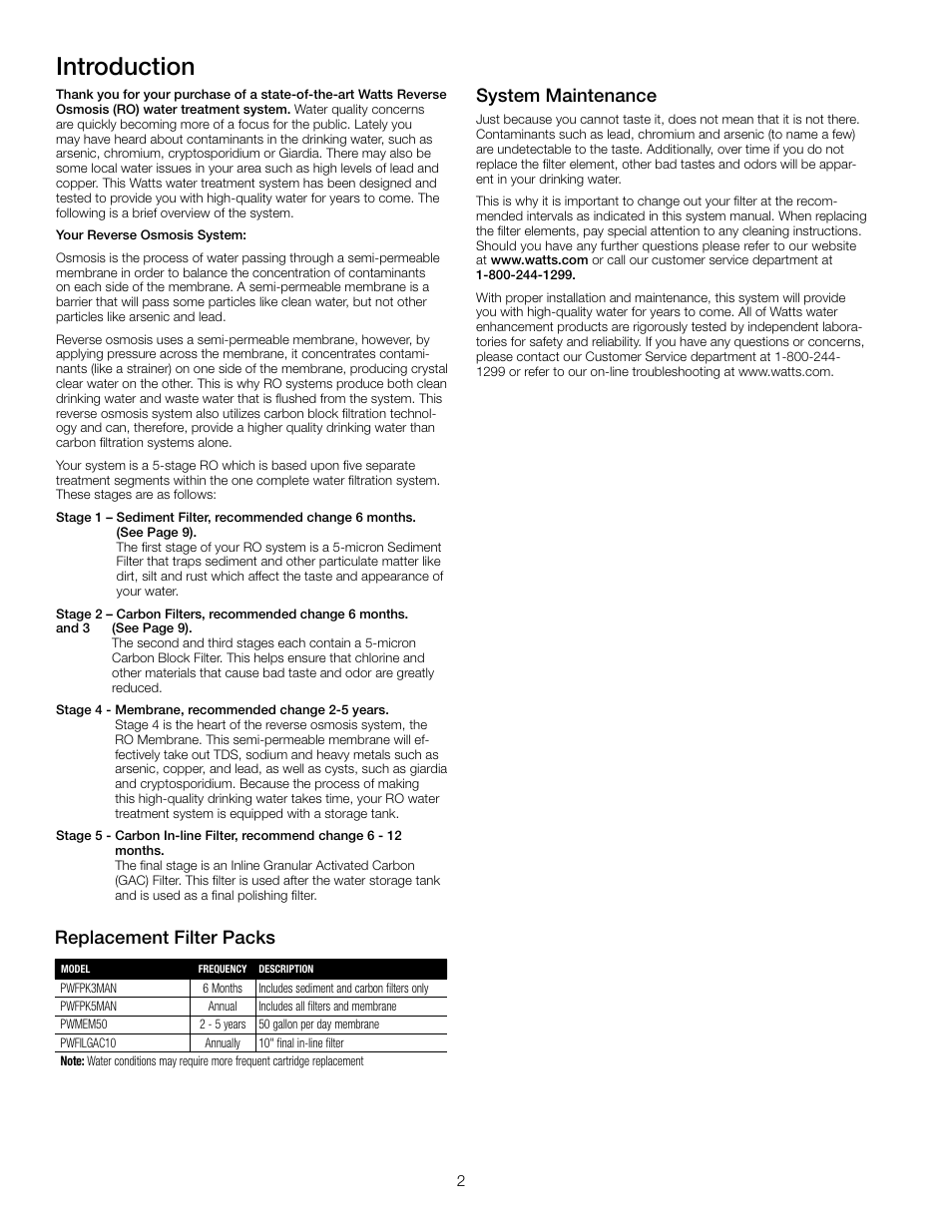 Introduction, System maintenance, Replacement filter packs | Watts PWRO5MAN User Manual | Page 2 / 16