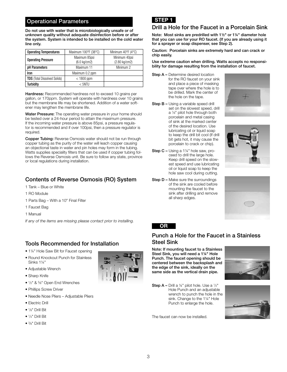 Operational parameters, Contents of reverse osmosis (ro) system, Drill a hole for the faucet in a porcelain sink | Tools recommended for installation, Step 1 or | Watts PWRO5MAN User Manual | Page 3 / 16