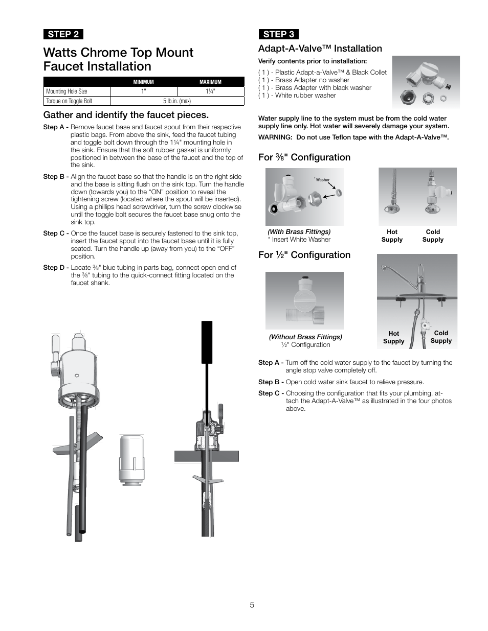 Watts chrome top mount faucet installation, Adapt-a-valve™ installation, Configuration for | Configuration, Gather and identify the faucet pieces, Step 2, Step 3 | Watts PWRO5MAN User Manual | Page 5 / 16