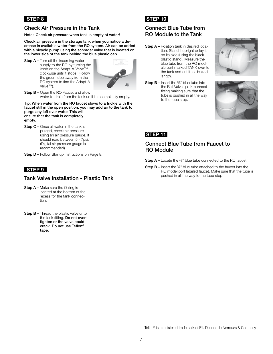 Tank valve installation - plastic tank, Connect blue tube from ro module to the tank, Check air pressure in the tank | Connect blue tube from faucet to ro module, Step 9 step 10, Step 8, Step 11 | Watts PWRO5MAN User Manual | Page 7 / 16
