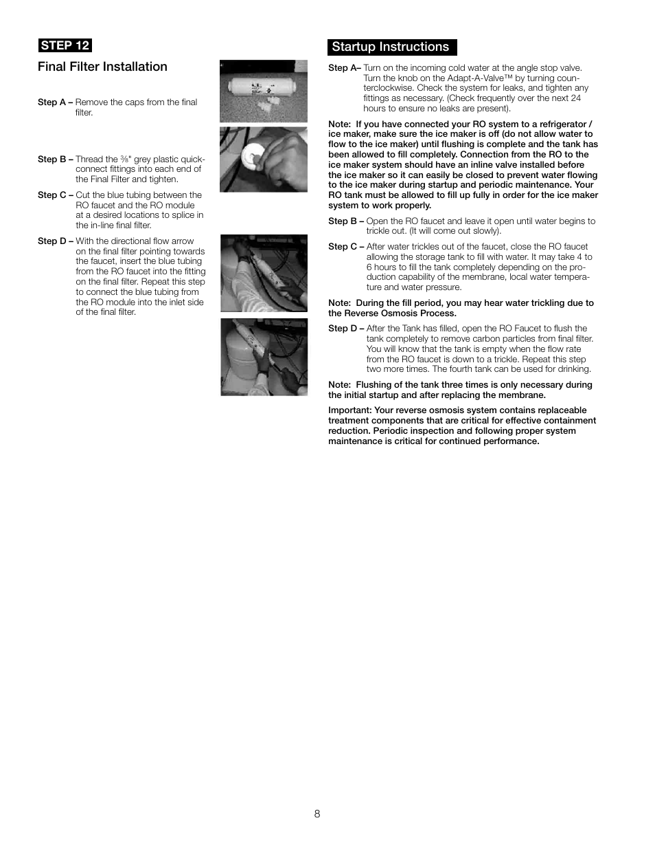 Startup instructions, Final filter installation, Step 12 | Watts PWRO5MAN User Manual | Page 8 / 16