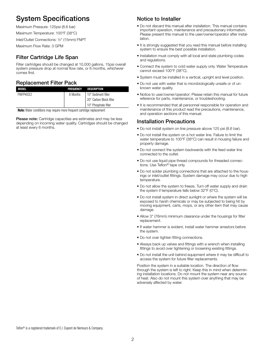 System specifications, Filter cartridge life span, Notice to installer | Installation precautions, Replacement filter pack | Watts PWICE2 User Manual | Page 2 / 4