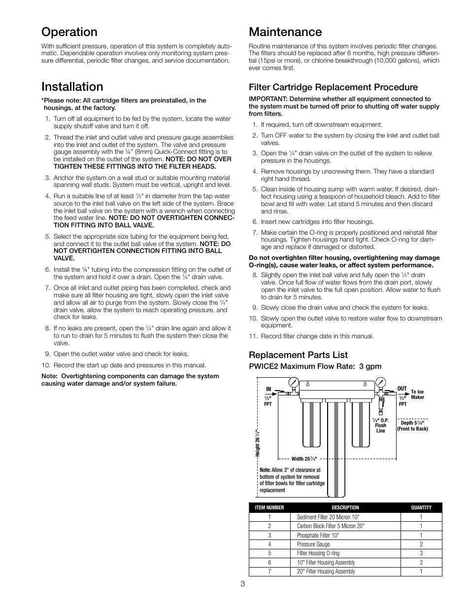 Operation, Installation, Maintenance | Filter cartridge replacement procedure, Replacement parts list | Watts PWICE2 User Manual | Page 3 / 4