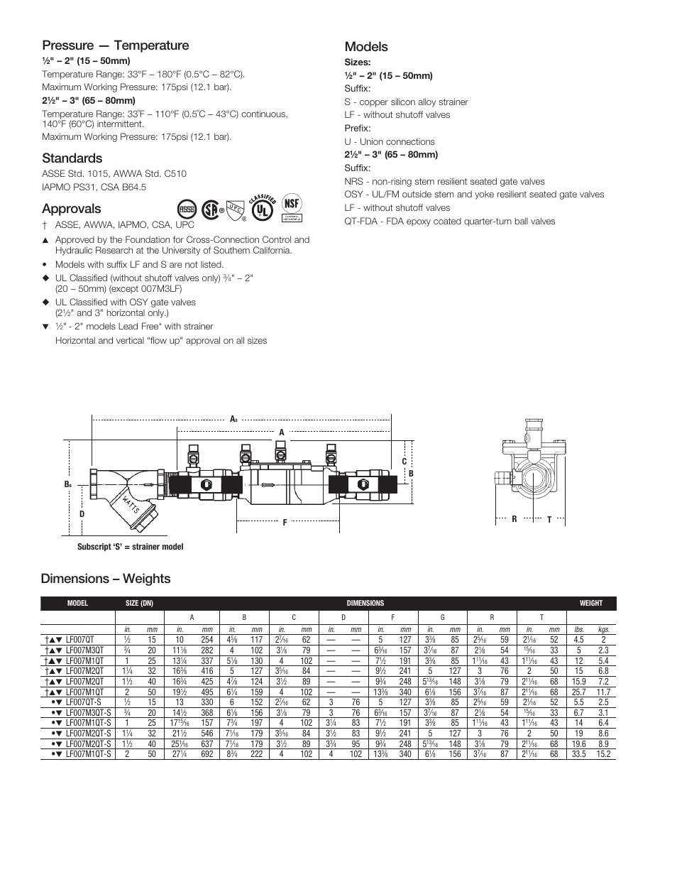 Pressure — temperature, Standards, Approvals | Models, Dimensions – weights | Watts LF007 User Manual | Page 2 / 4