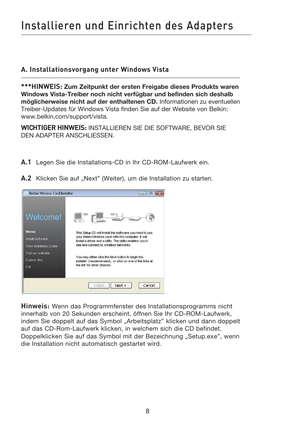 Installieren und einrichten des adapters | Belkin F5D8053EA User Manual | Page 106 / 291