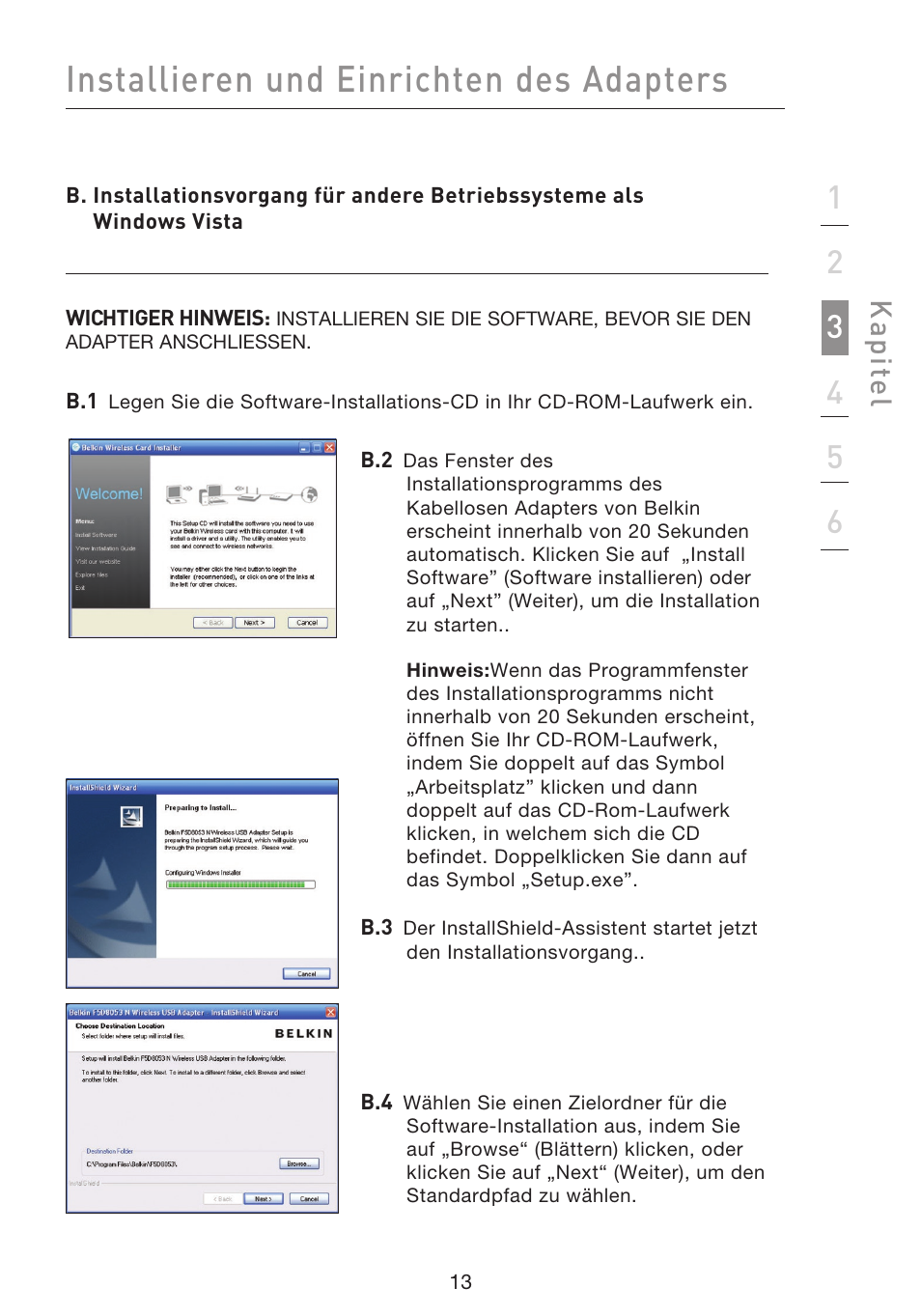 Installieren und einrichten des adapters, Kap ite l | Belkin F5D8053EA User Manual | Page 111 / 291