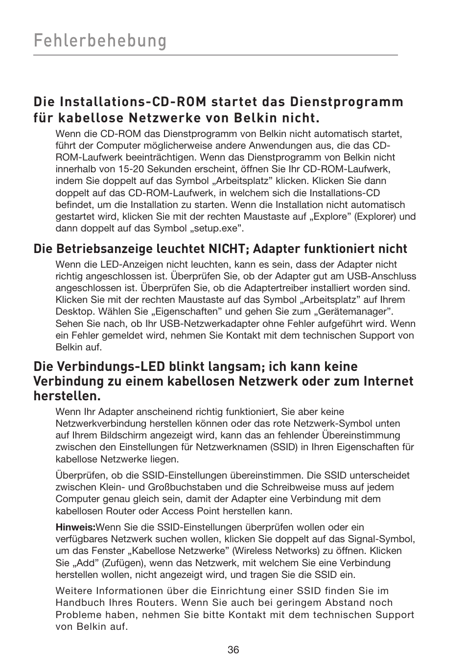 Fehlerbehebung | Belkin F5D8053EA User Manual | Page 134 / 291