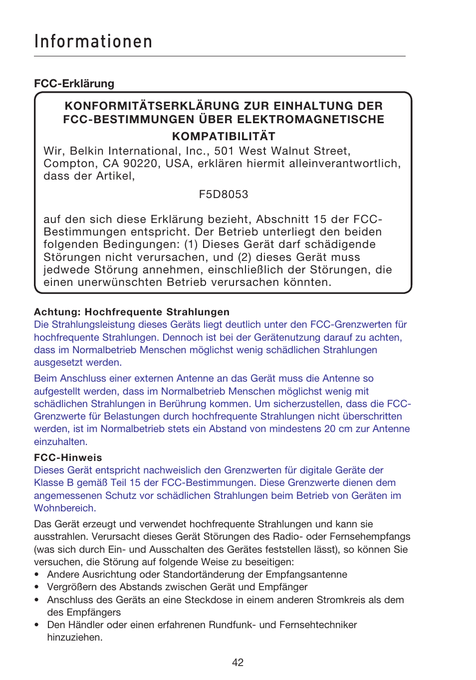 Informationen | Belkin F5D8053EA User Manual | Page 140 / 291