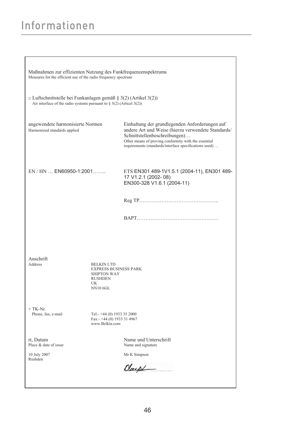 Informationen | Belkin F5D8053EA User Manual | Page 144 / 291