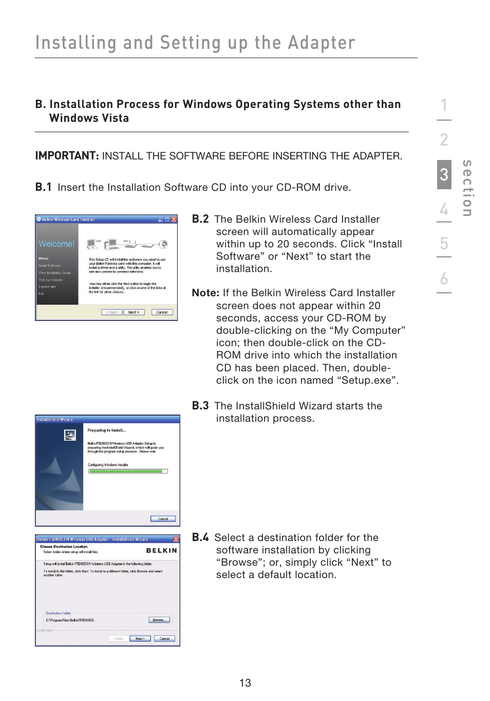 Installing and setting up the adapter, Se ct io n | Belkin F5D8053EA User Manual | Page 15 / 291