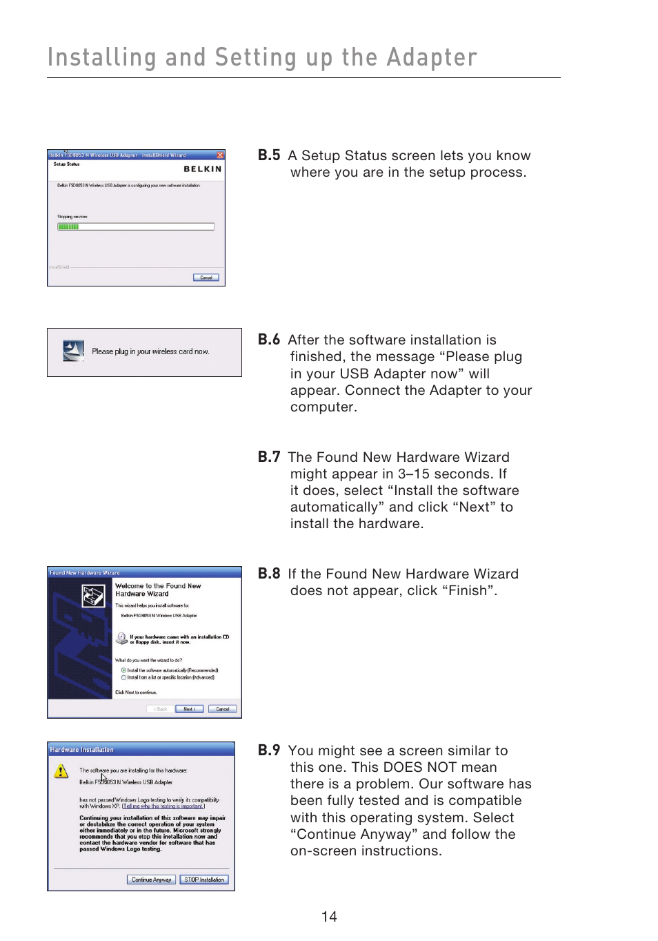 Installing and setting up the adapter | Belkin F5D8053EA User Manual | Page 16 / 291