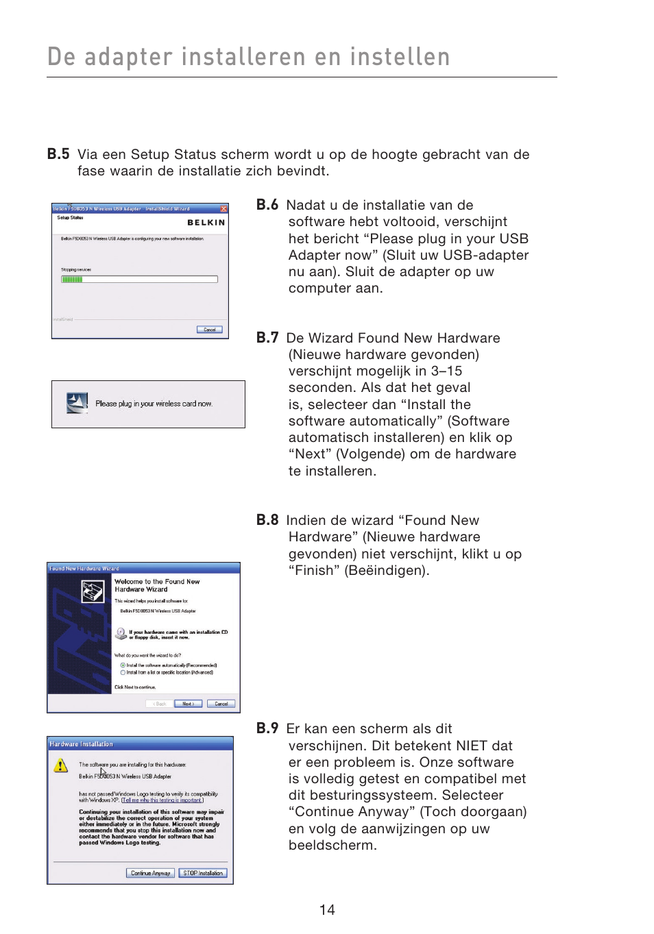 De adapter installeren en instellen | Belkin F5D8053EA User Manual | Page 161 / 291