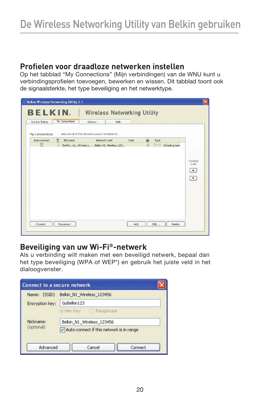 Profielen voor draadloze netwerken instellen, Beveiliging van uw wi-fi, Netwerk | Belkin F5D8053EA User Manual | Page 167 / 291