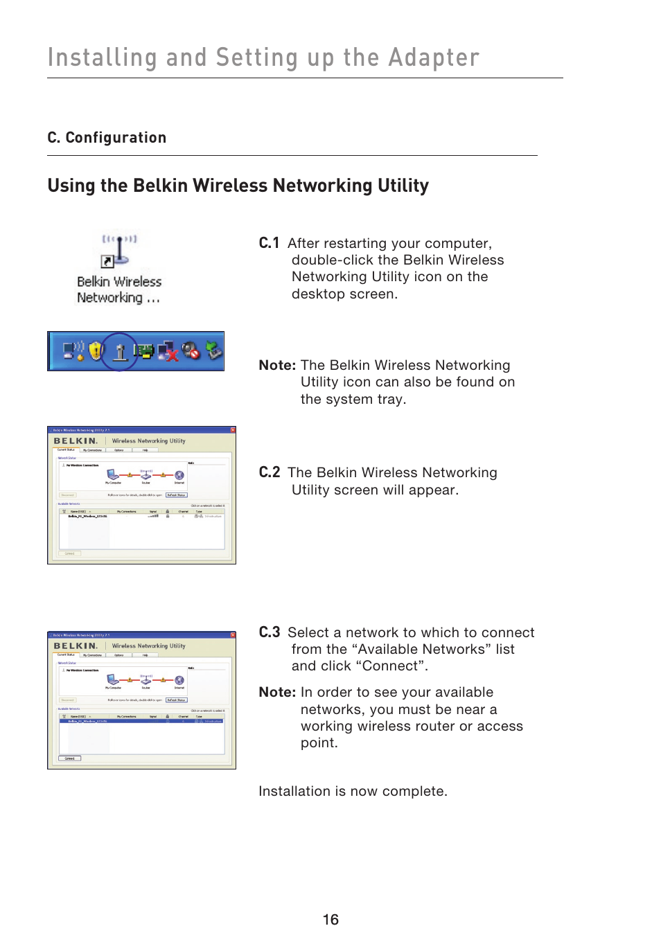 Installing and setting up the adapter, Using the belkin wireless networking utility | Belkin F5D8053EA User Manual | Page 18 / 291