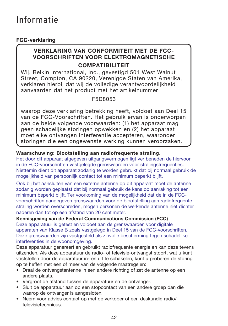 Informatie | Belkin F5D8053EA User Manual | Page 189 / 291