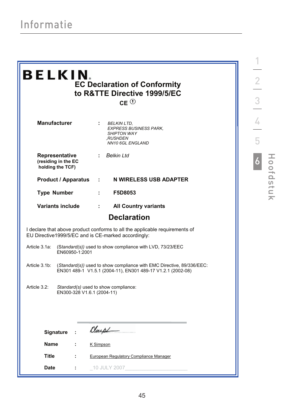 Informatie, Hoo fd st u k, Declaration | Belkin F5D8053EA User Manual | Page 192 / 291