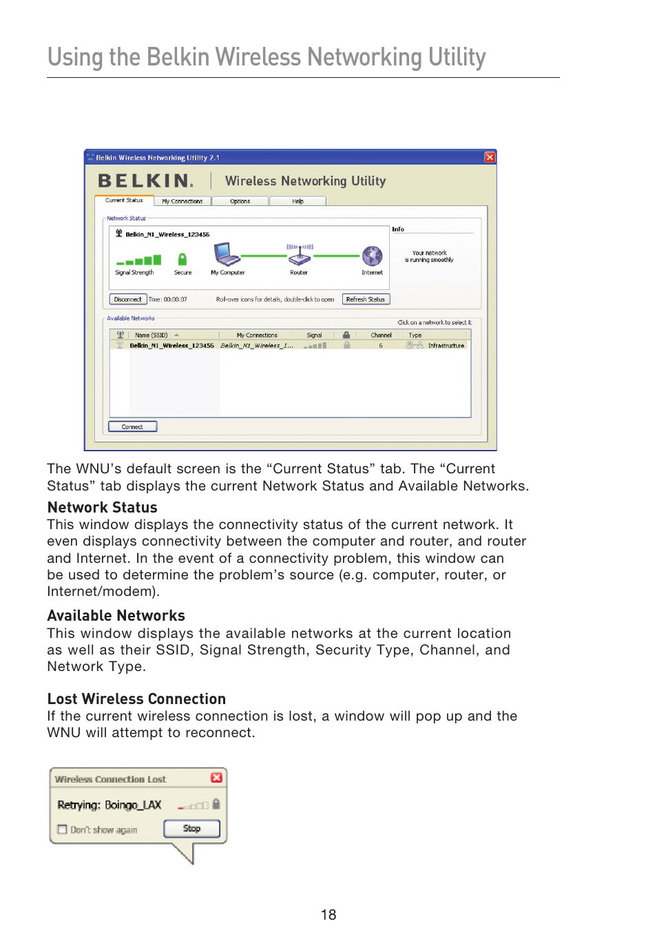 Using the belkin wireless networking utility | Belkin F5D8053EA User Manual | Page 20 / 291