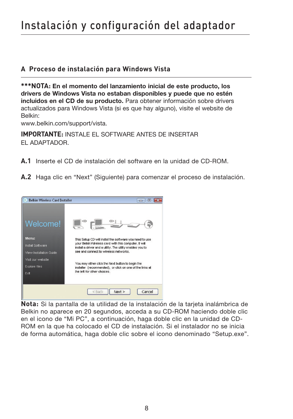 Instalación y configuración del adaptador | Belkin F5D8053EA User Manual | Page 203 / 291