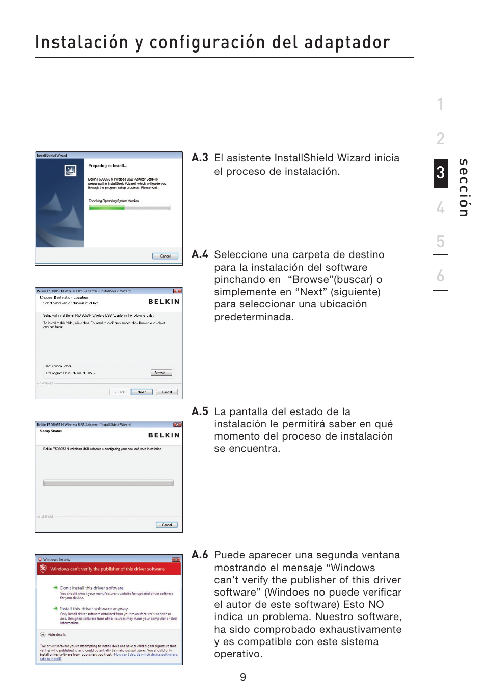 Instalación y configuración del adaptador | Belkin F5D8053EA User Manual | Page 204 / 291