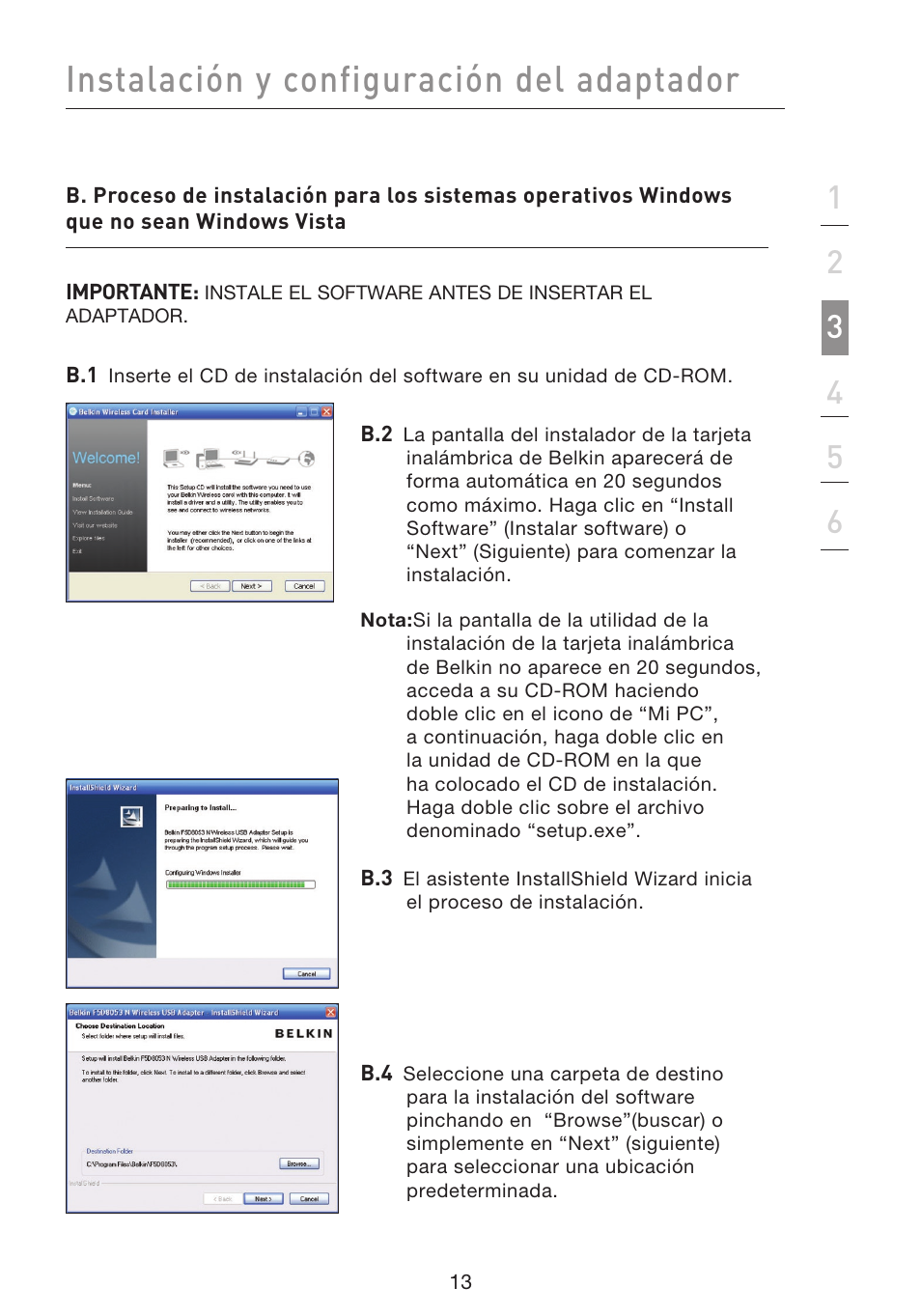 Instalación y configuración del adaptador | Belkin F5D8053EA User Manual | Page 208 / 291