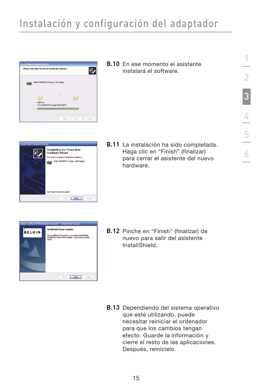 Instalación y configuración del adaptador | Belkin F5D8053EA User Manual | Page 210 / 291