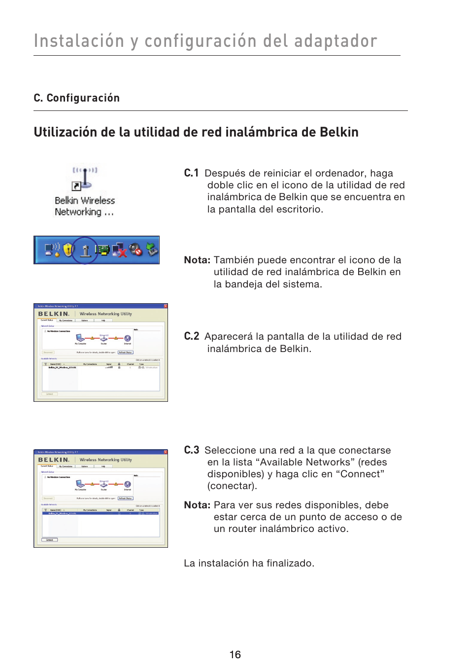 Instalación y configuración del adaptador | Belkin F5D8053EA User Manual | Page 211 / 291