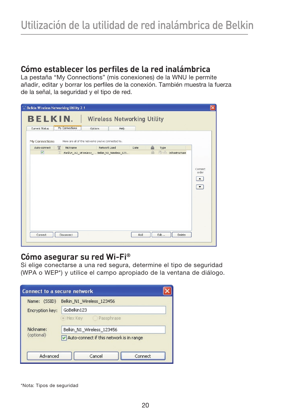 Cómo establecer los perfiles de la red inalámbrica, Cómo asegurar su red wi-fi | Belkin F5D8053EA User Manual | Page 215 / 291