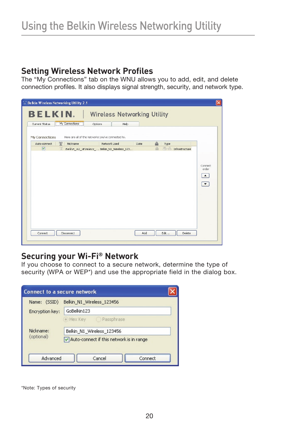 Using the belkin wireless networking utility, Setting wireless network profiles, Securing your wi-fi | Network | Belkin F5D8053EA User Manual | Page 22 / 291