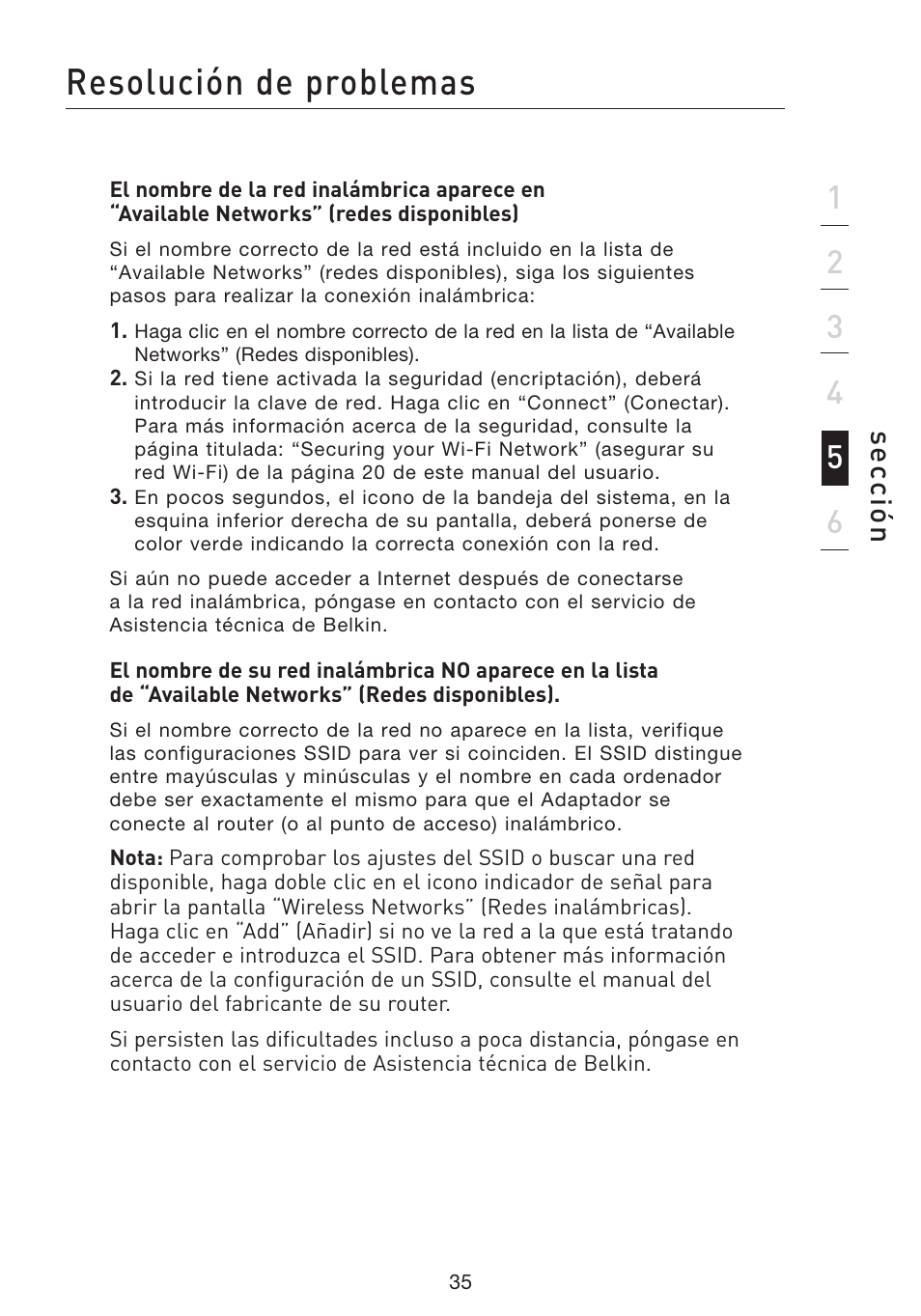 Resolución de problemas, Se cc ió n | Belkin F5D8053EA User Manual | Page 230 / 291