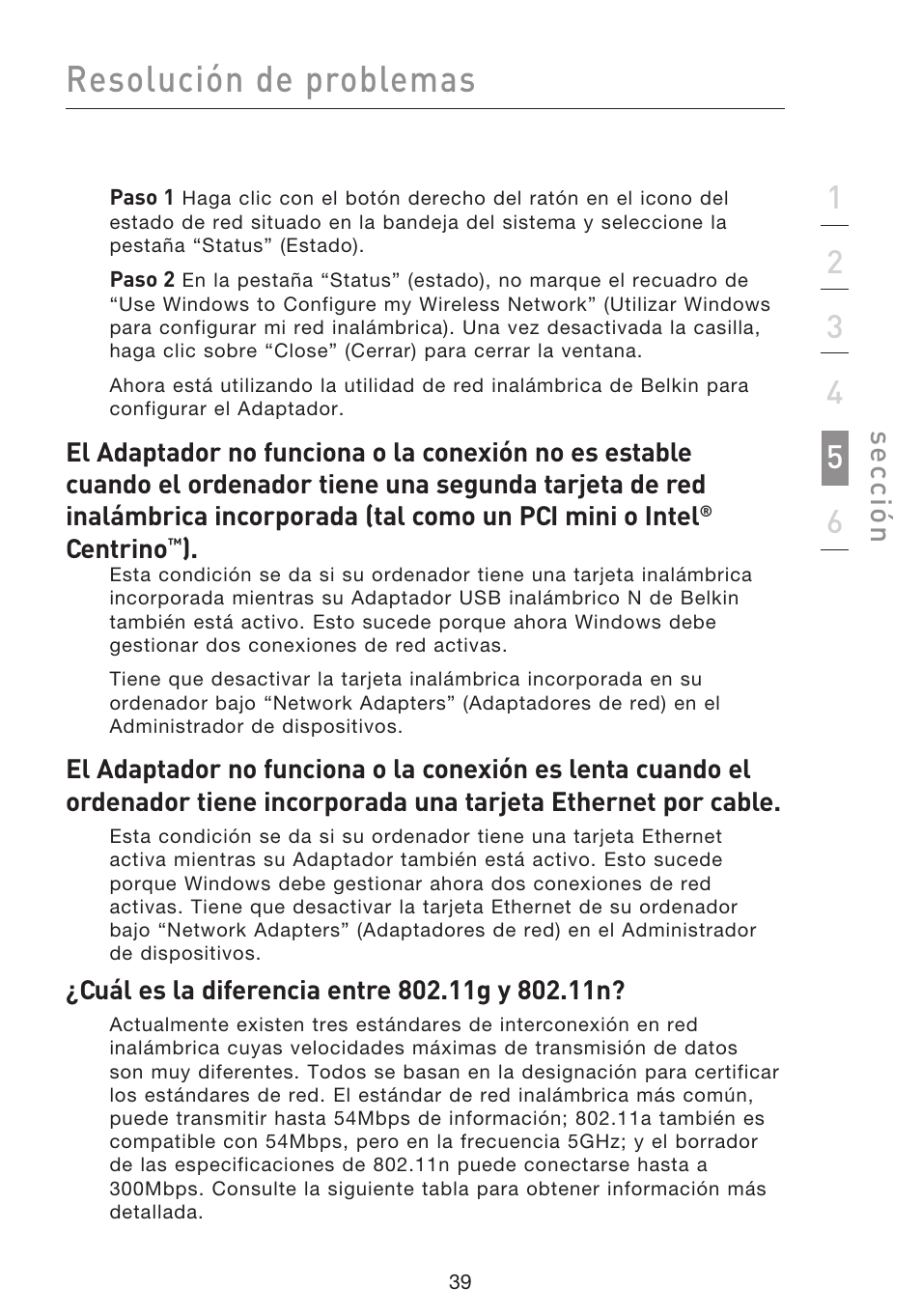 Resolución de problemas, Se cc ió n | Belkin F5D8053EA User Manual | Page 234 / 291