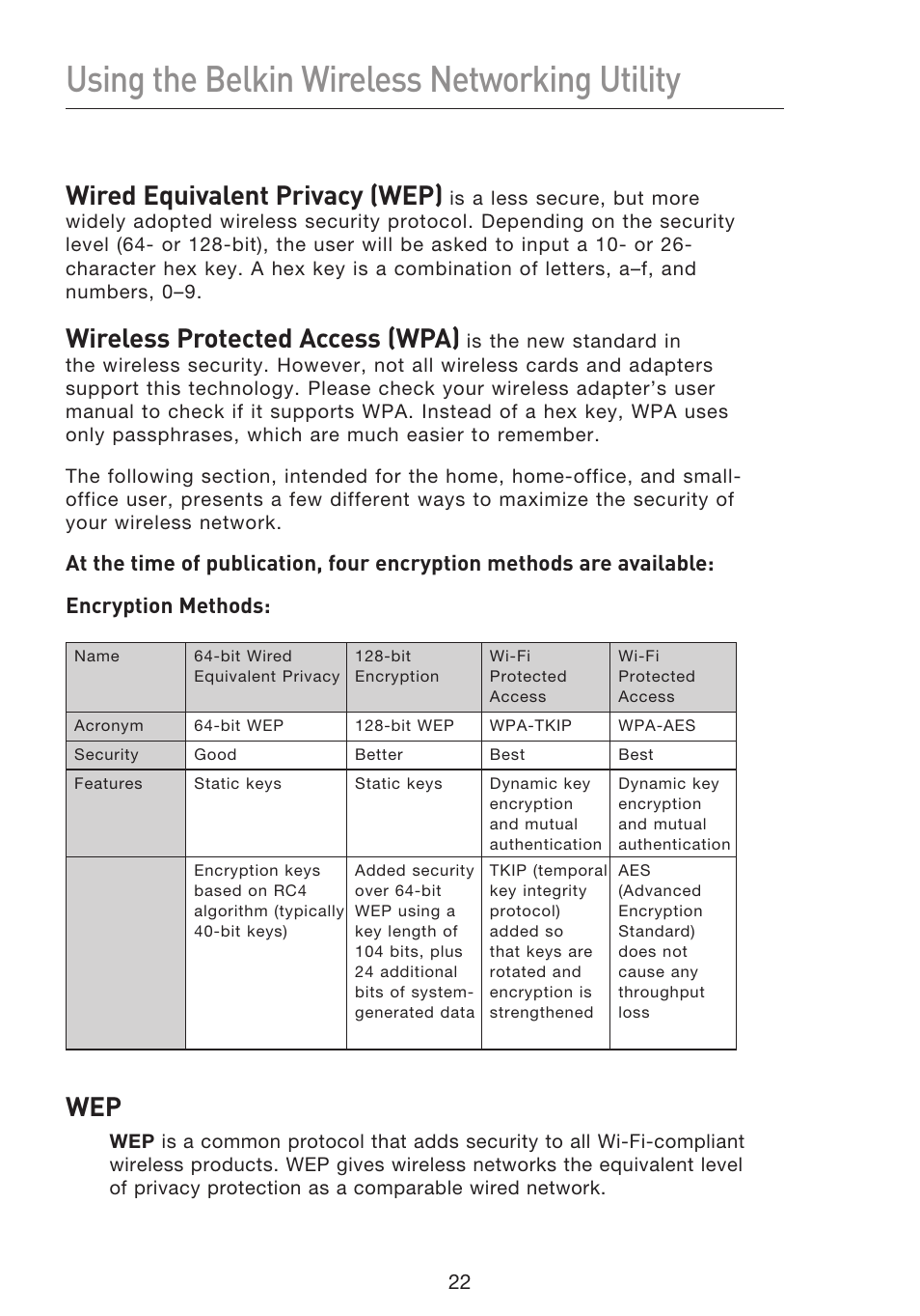 Using the belkin wireless networking utility, Wired equivalent privacy (wep), Wireless protected access (wpa) | Belkin F5D8053EA User Manual | Page 24 / 291