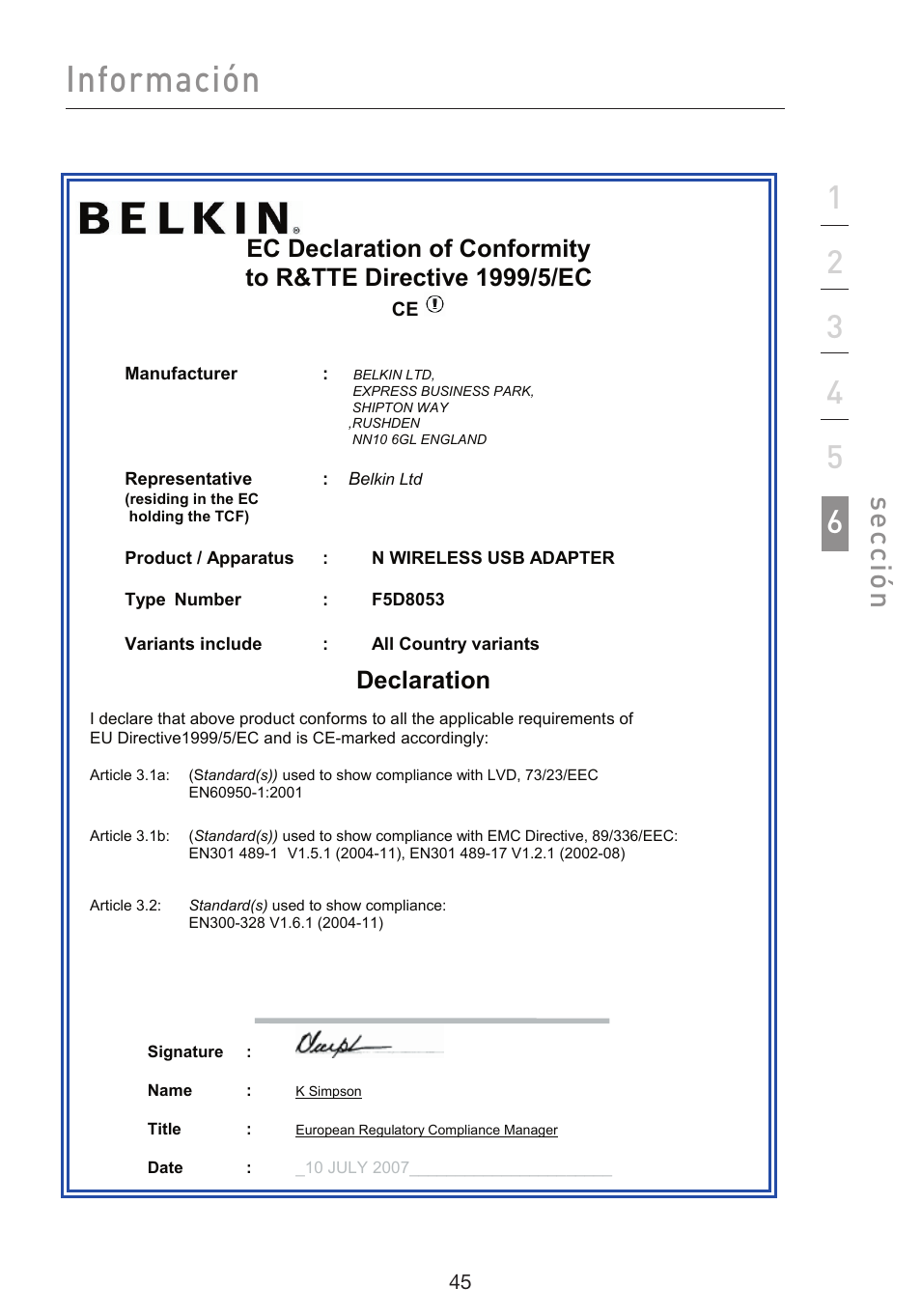 Información, Se cc ió n, Declaration | Belkin F5D8053EA User Manual | Page 240 / 291