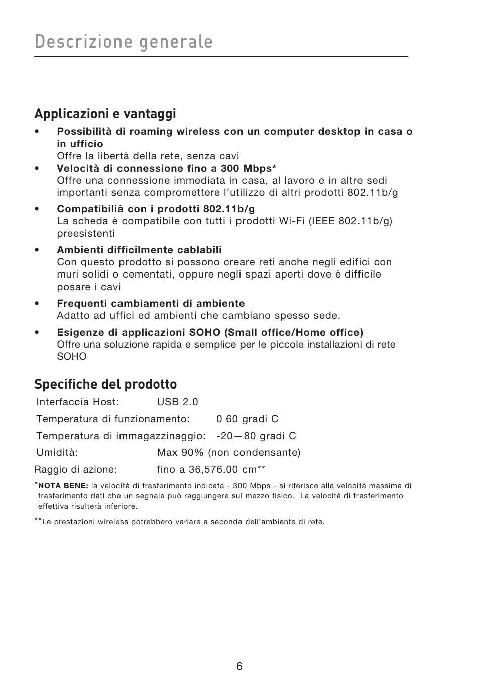 Descrizione generale, Applicazioni e vantaggi, Specifiche del prodotto | Belkin F5D8053EA User Manual | Page 251 / 291