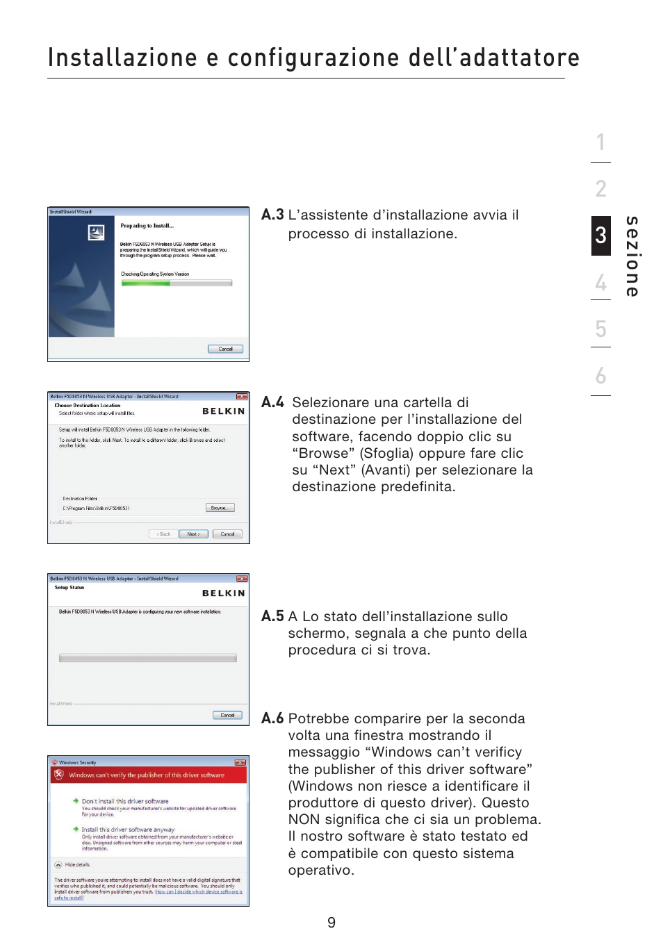 Installazione e configurazione dell’adattatore | Belkin F5D8053EA User Manual | Page 254 / 291