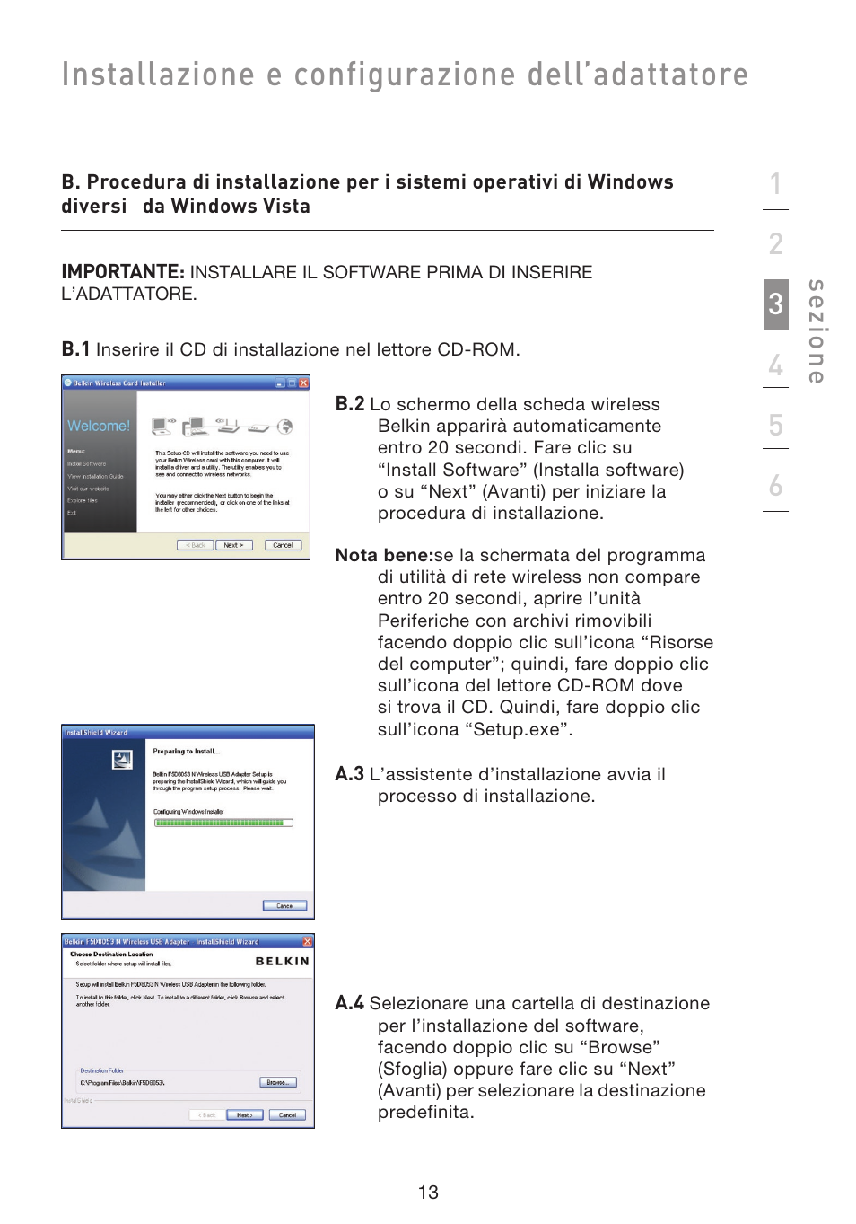 Installazione e configurazione dell’adattatore, Se zio n e | Belkin F5D8053EA User Manual | Page 258 / 291