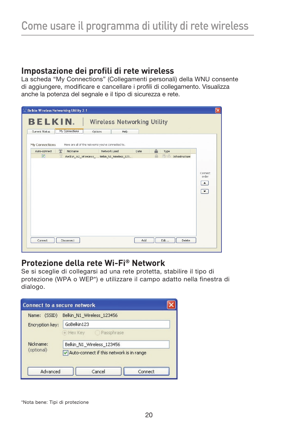 Impostazione dei profili di rete wireless, Protezione della rete wi-fi, Network | Belkin F5D8053EA User Manual | Page 265 / 291