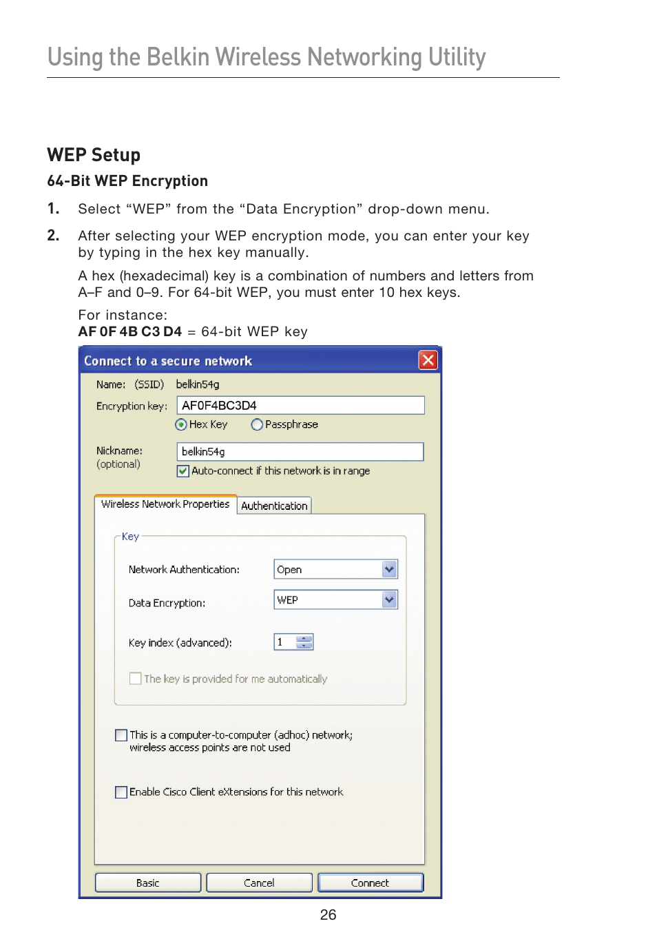 Using the belkin wireless networking utility, Wep setup | Belkin F5D8053EA User Manual | Page 28 / 291