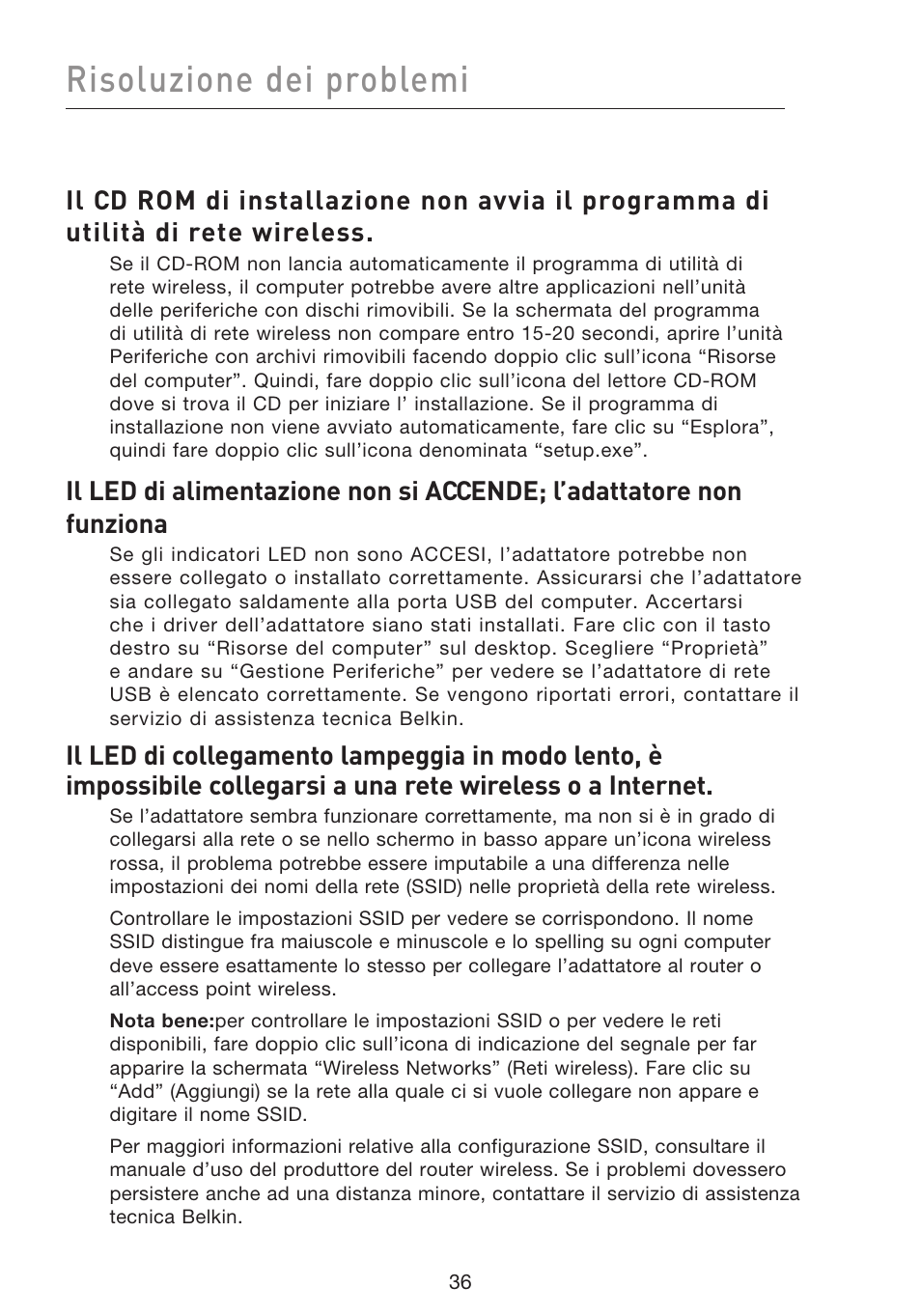 Risoluzione dei problemi | Belkin F5D8053EA User Manual | Page 281 / 291