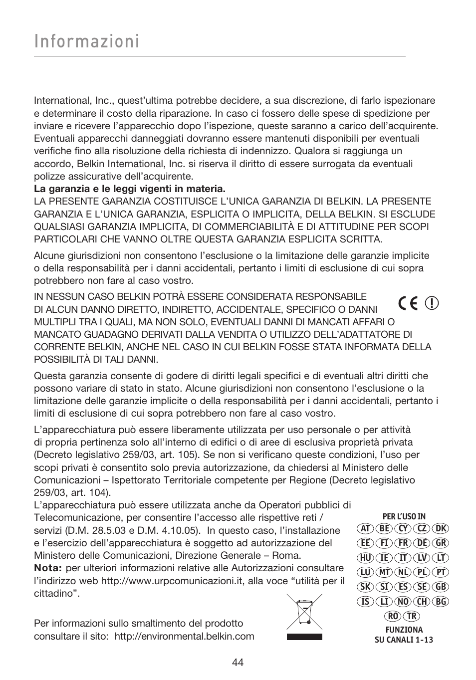 Informazioni | Belkin F5D8053EA User Manual | Page 289 / 291