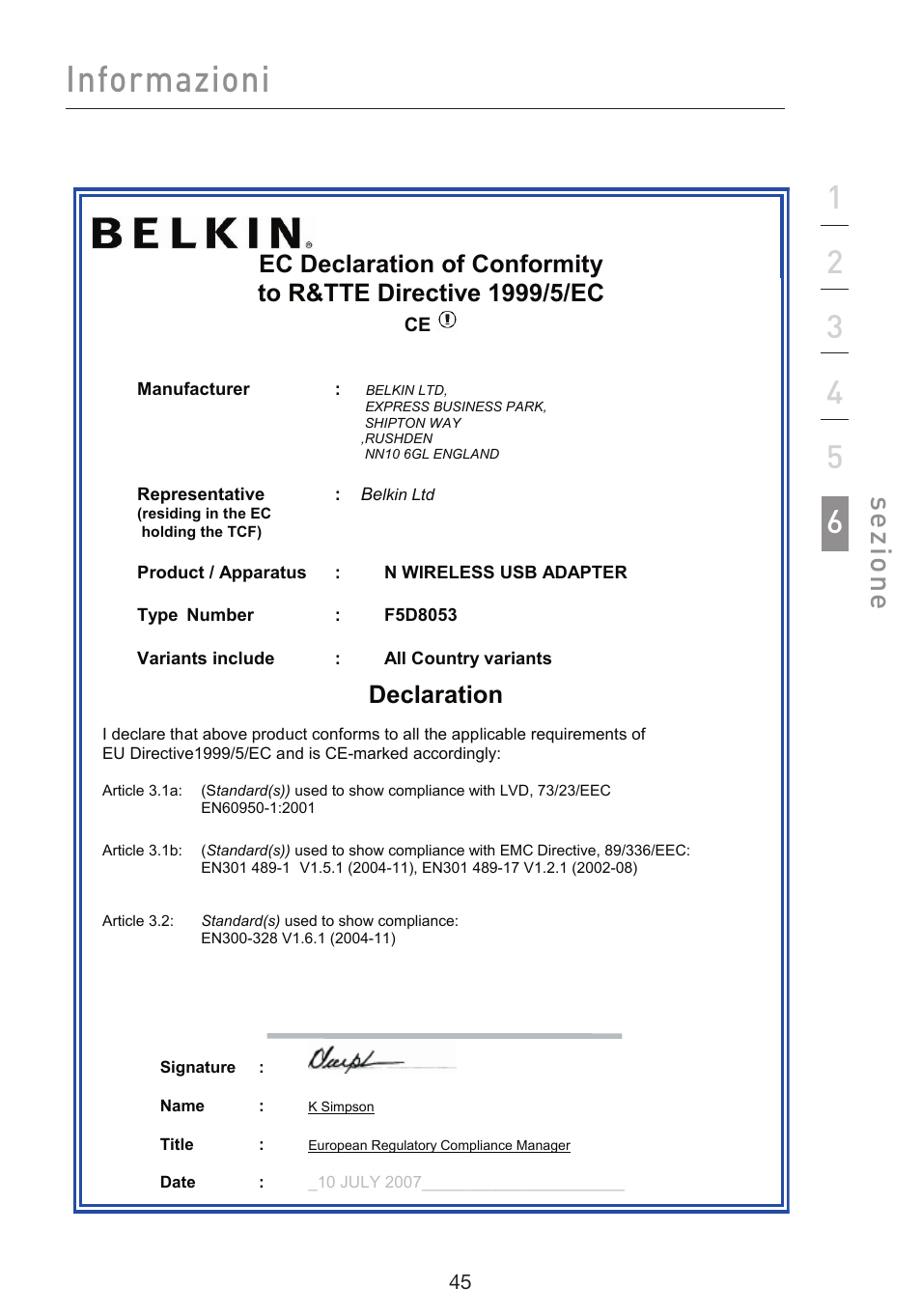 Informazioni, Se zio n e, Declaration | Belkin F5D8053EA User Manual | Page 290 / 291