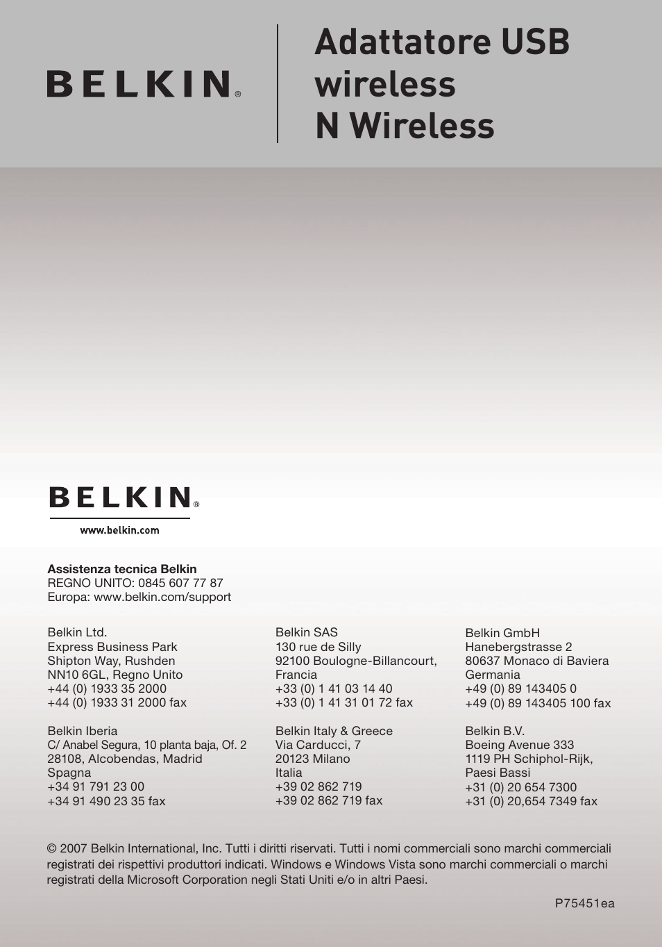 Adattatore usb wireless n wireless | Belkin F5D8053EA User Manual | Page 291 / 291