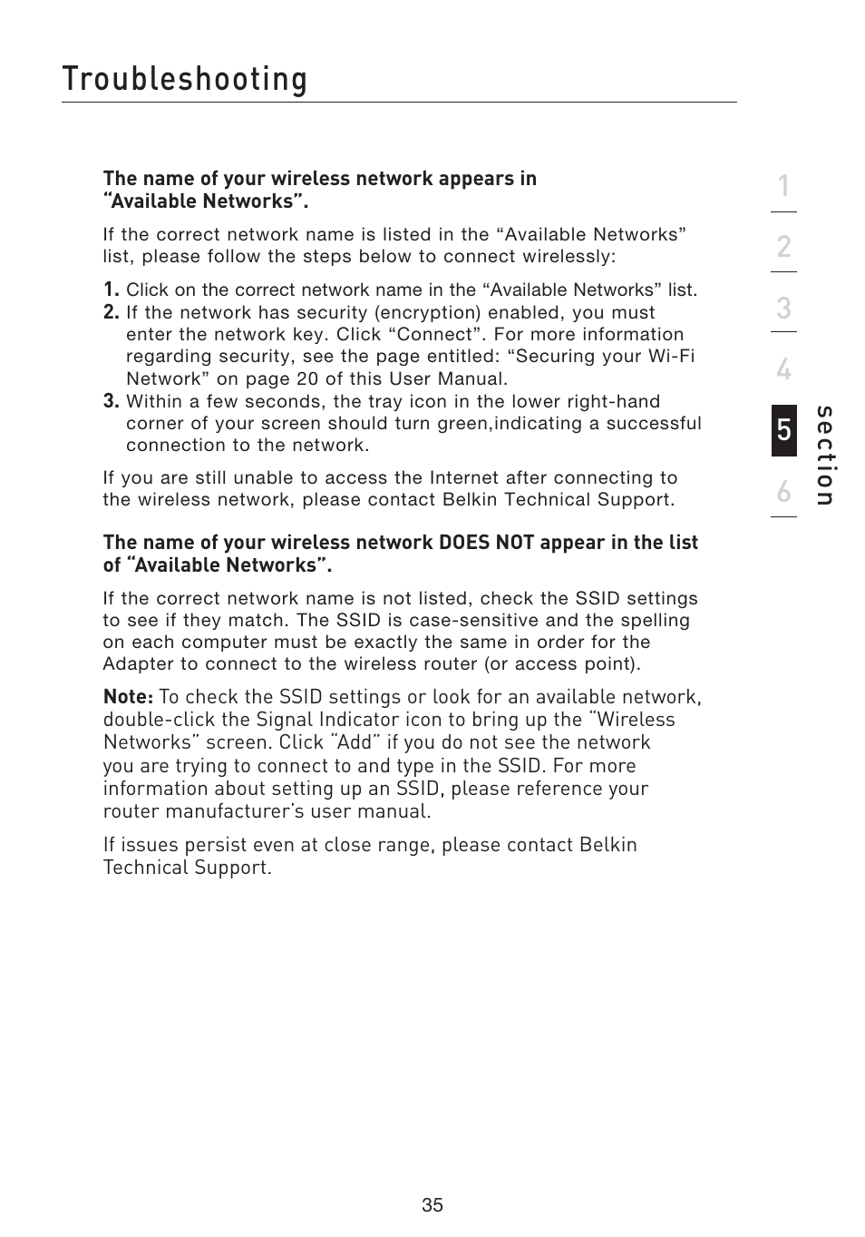 Troubleshooting, Se ct io n | Belkin F5D8053EA User Manual | Page 37 / 291