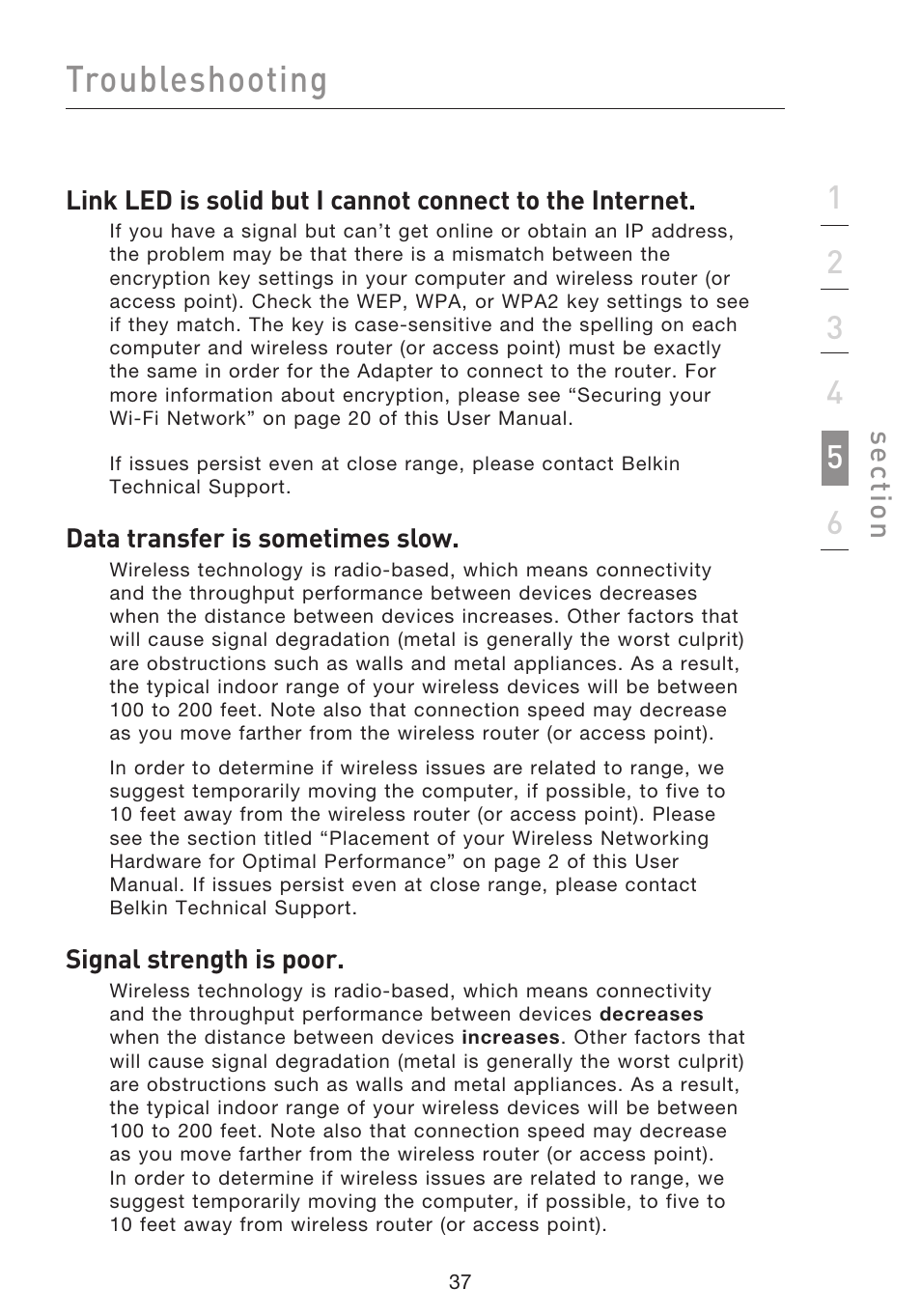 Troubleshooting, Se ct io n | Belkin F5D8053EA User Manual | Page 39 / 291