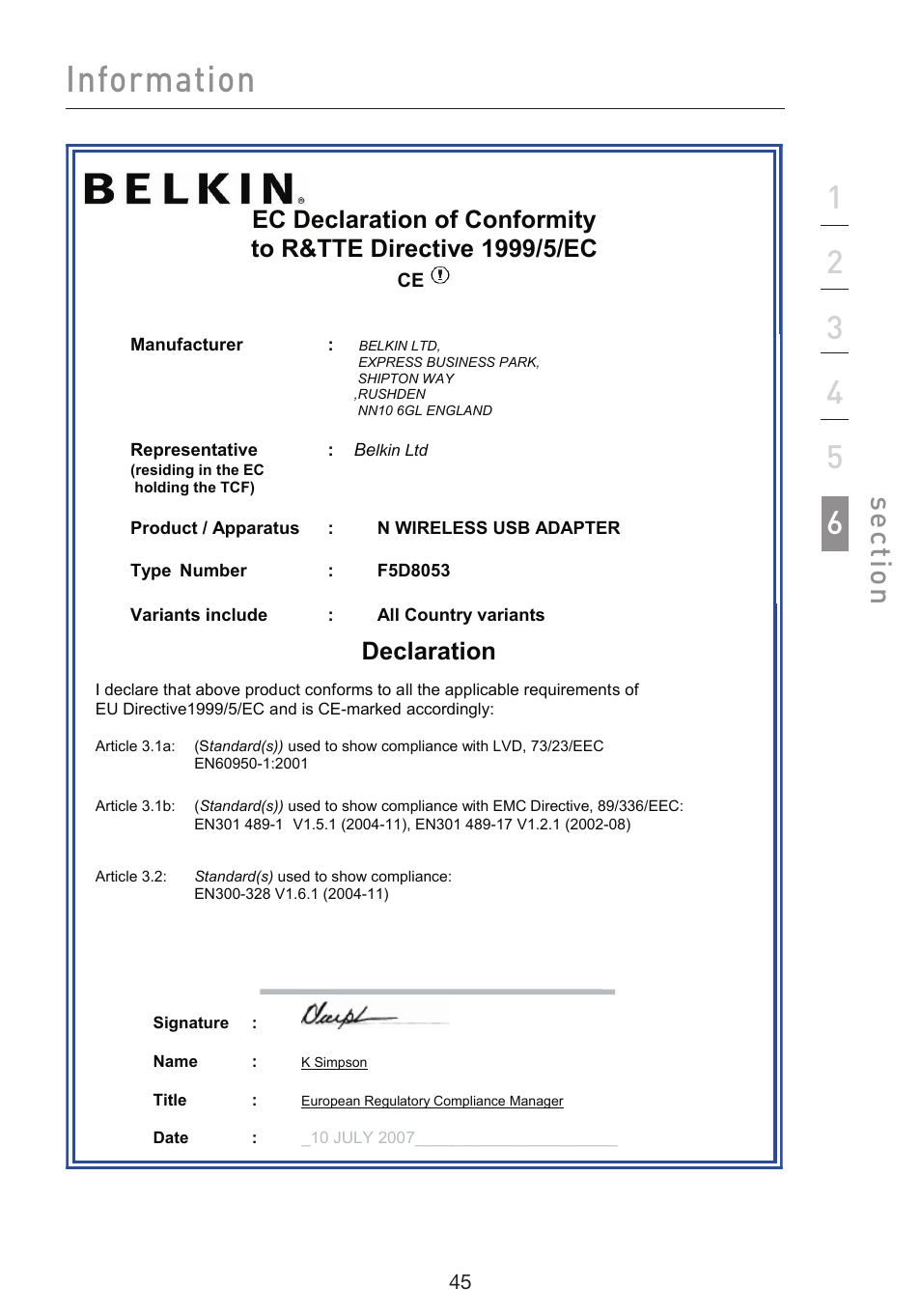 Information, Se ct io n, Declaration | Belkin F5D8053EA User Manual | Page 47 / 291