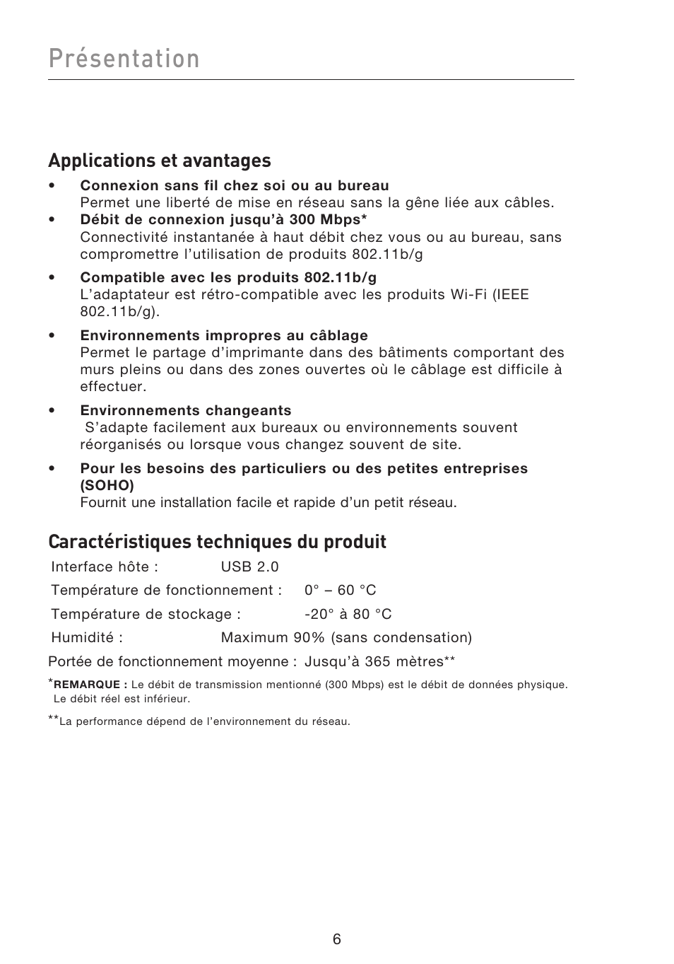 Présentation, Applications et avantages, Caractéristiques techniques du produit | Belkin F5D8053EA User Manual | Page 56 / 291