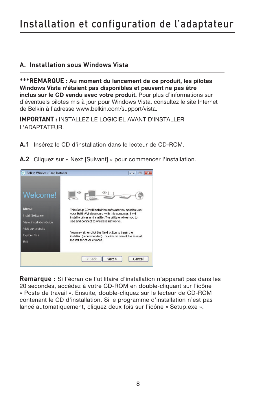 Installation et configuration de l’adaptateur | Belkin F5D8053EA User Manual | Page 58 / 291