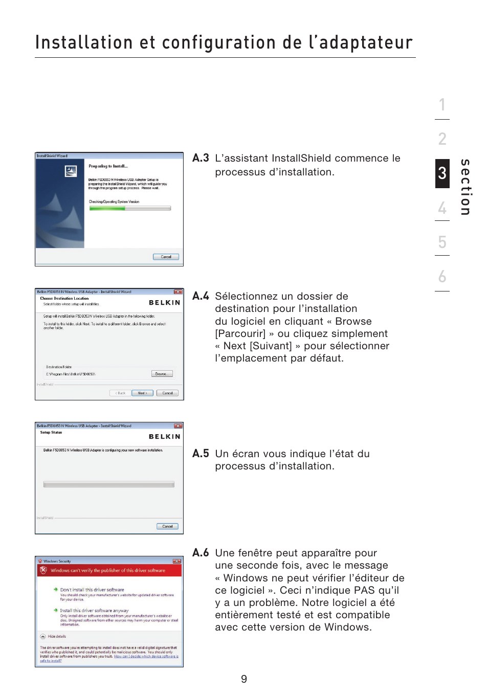 Installation et configuration de l’adaptateur | Belkin F5D8053EA User Manual | Page 59 / 291