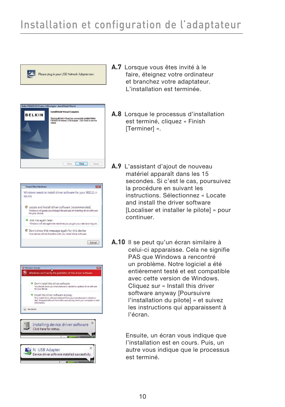 Installation et configuration de l’adaptateur | Belkin F5D8053EA User Manual | Page 60 / 291