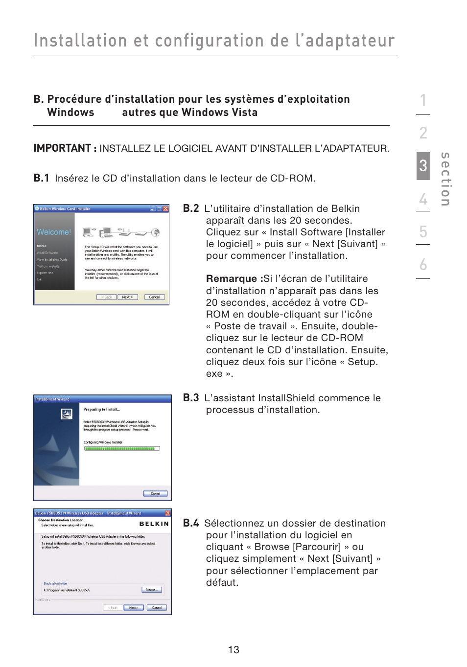 Installation et configuration de l’adaptateur, Se ct io n | Belkin F5D8053EA User Manual | Page 63 / 291