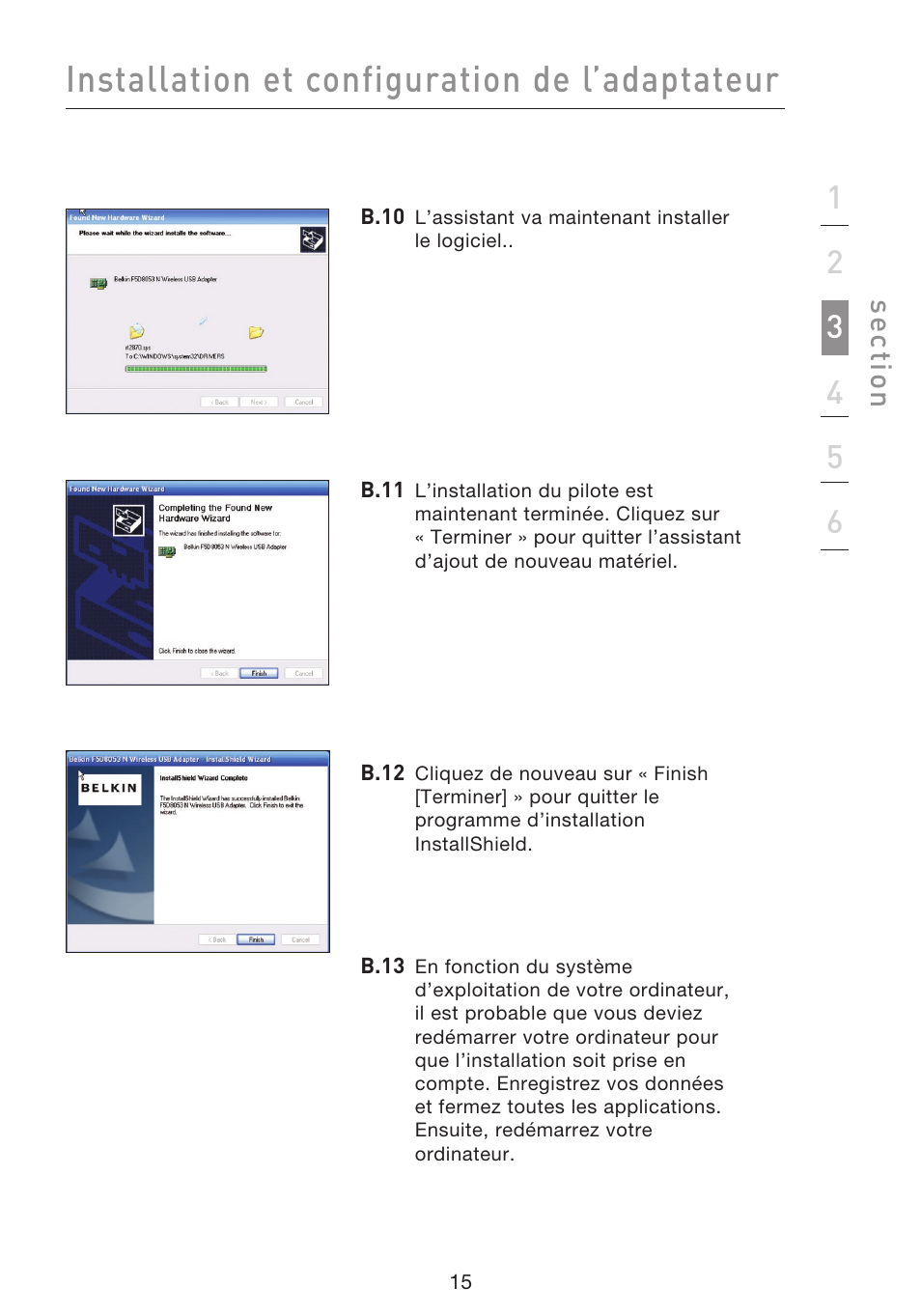 Installation et configuration de l’adaptateur | Belkin F5D8053EA User Manual | Page 65 / 291